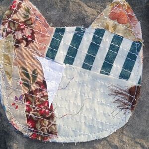 Patchwork Cat Fabric Sew-on Patch, Hand Crafted, Florals, Stripes, 4 Inches